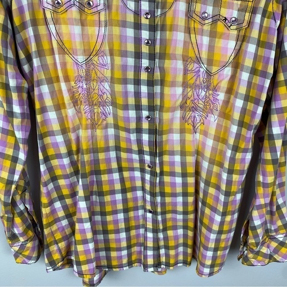 Wrangler Rock 47 Woven Sunbleach Plaid Snap Down Shirt Large Yellow Lilac - Picture 4 of 15